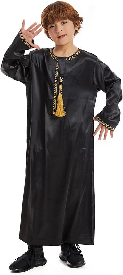 imageIDOPIP Muslim Arabic Thobe for Boys Kids Long Sleeve Islamic Arabic Kaftan Robe Embroidered Abaya Dress Clothes with PocketsBlack