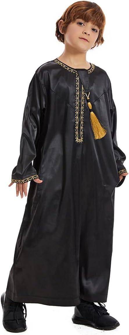 imageIDOPIP Muslim Arabic Thobe for Boys Kids Long Sleeve Islamic Arabic Kaftan Robe Embroidered Abaya Dress Clothes with PocketsBlack