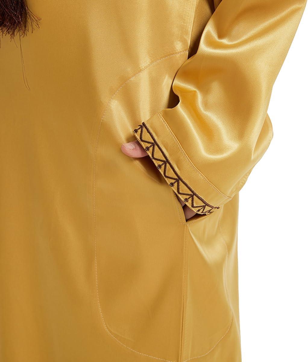 imageIDOPIP Muslim Arabic Thobe for Boys Kids Long Sleeve Islamic Arabic Kaftan Robe Embroidered Abaya Dress Clothes with PocketsGold
