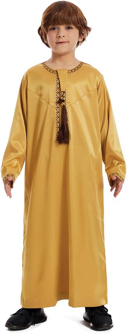 imageIDOPIP Muslim Arabic Thobe for Boys Kids Long Sleeve Islamic Arabic Kaftan Robe Embroidered Abaya Dress Clothes with PocketsGold