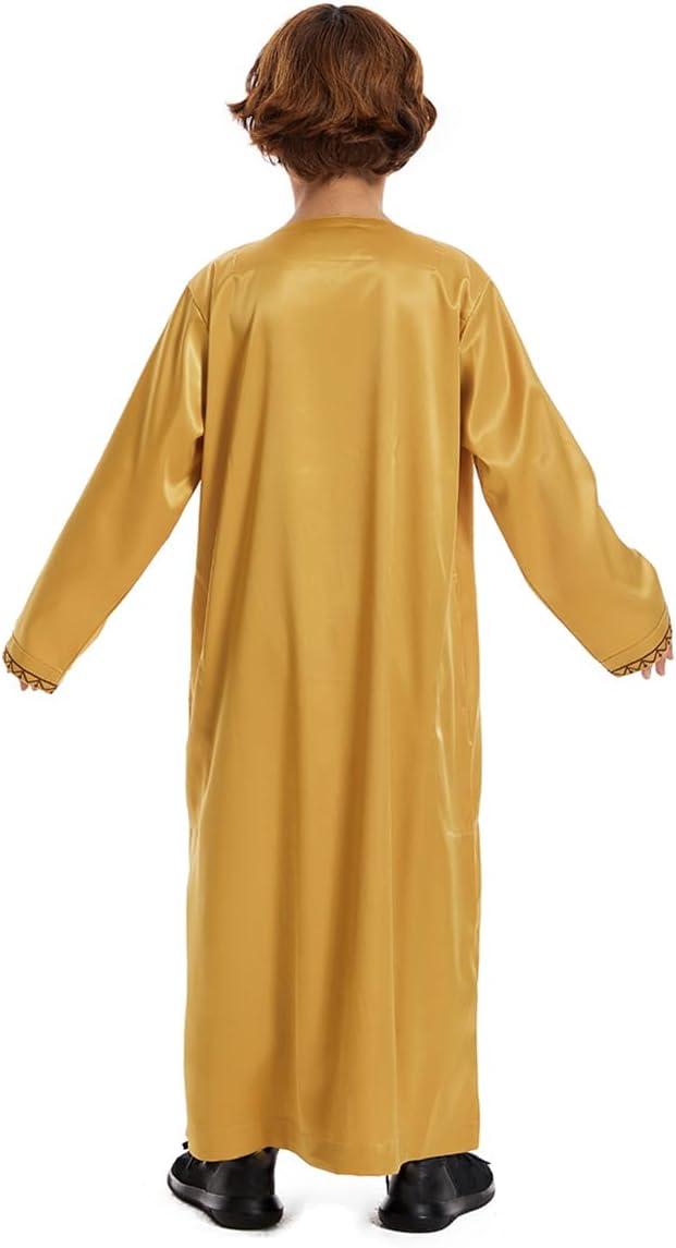 imageIDOPIP Muslim Arabic Thobe for Boys Kids Long Sleeve Islamic Arabic Kaftan Robe Embroidered Abaya Dress Clothes with PocketsGold