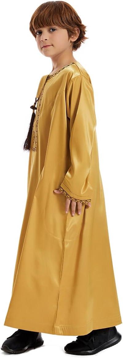 imageIDOPIP Muslim Arabic Thobe for Boys Kids Long Sleeve Islamic Arabic Kaftan Robe Embroidered Abaya Dress Clothes with PocketsGold