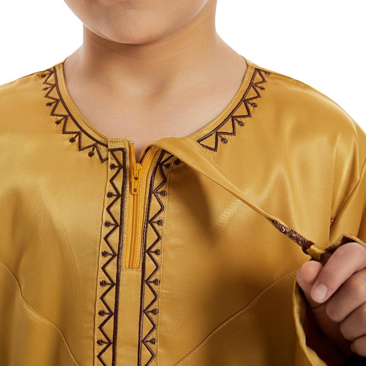 imageIDOPIP Muslim Arabic Thobe for Boys Kids Long Sleeve Islamic Arabic Kaftan Robe Embroidered Abaya Dress Clothes with PocketsGold