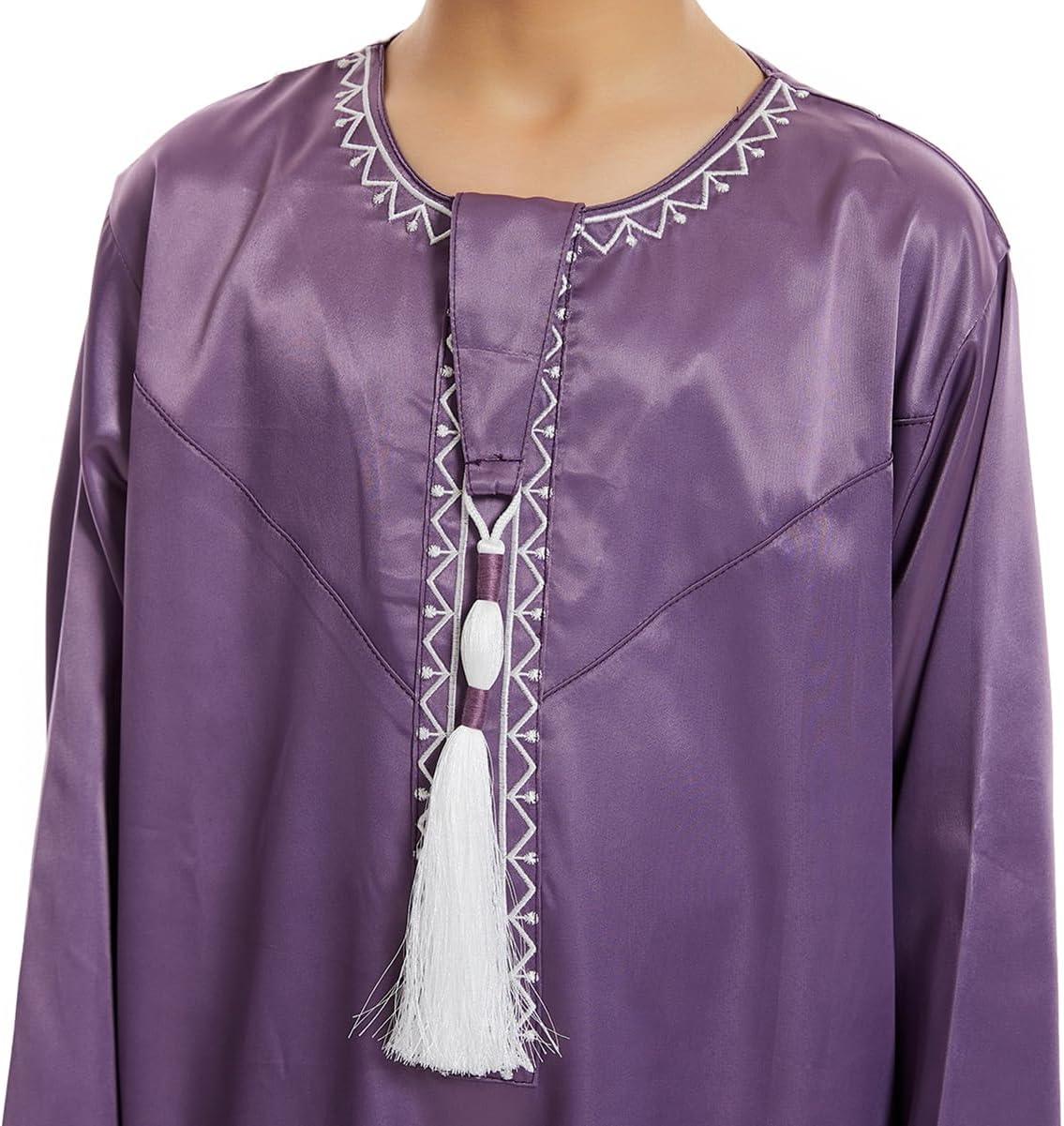 imageIDOPIP Muslim Arabic Thobe for Boys Kids Long Sleeve Islamic Arabic Kaftan Robe Embroidered Abaya Dress Clothes with PocketsPurple