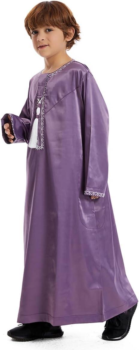 imageIDOPIP Muslim Arabic Thobe for Boys Kids Long Sleeve Islamic Arabic Kaftan Robe Embroidered Abaya Dress Clothes with PocketsPurple