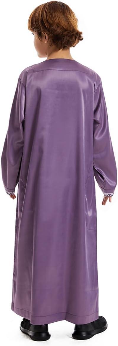 imageIDOPIP Muslim Arabic Thobe for Boys Kids Long Sleeve Islamic Arabic Kaftan Robe Embroidered Abaya Dress Clothes with PocketsPurple