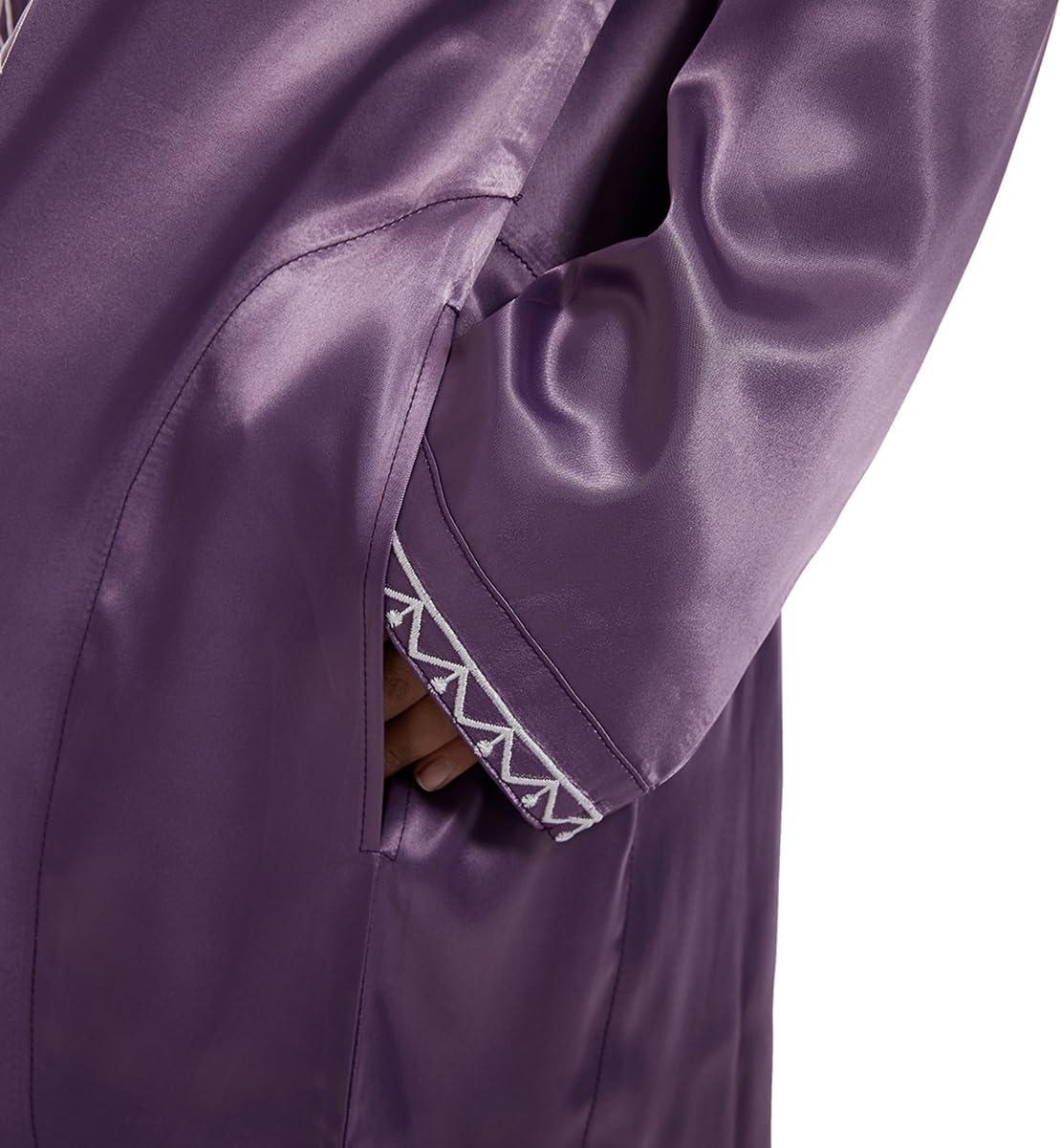 imageIDOPIP Muslim Arabic Thobe for Boys Kids Long Sleeve Islamic Arabic Kaftan Robe Embroidered Abaya Dress Clothes with PocketsPurple