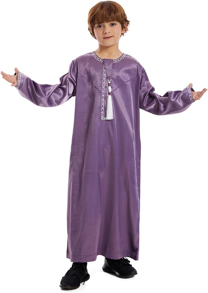 imageIDOPIP Muslim Arabic Thobe for Boys Kids Long Sleeve Islamic Arabic Kaftan Robe Embroidered Abaya Dress Clothes with PocketsPurple