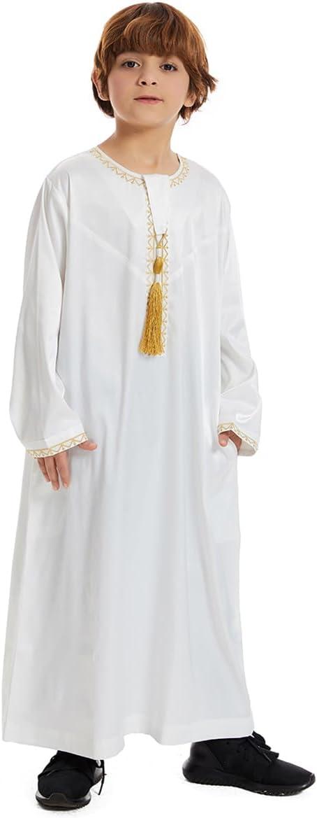 imageIDOPIP Muslim Arabic Thobe for Boys Kids Long Sleeve Islamic Arabic Kaftan Robe Embroidered Abaya Dress Clothes with PocketsWhite