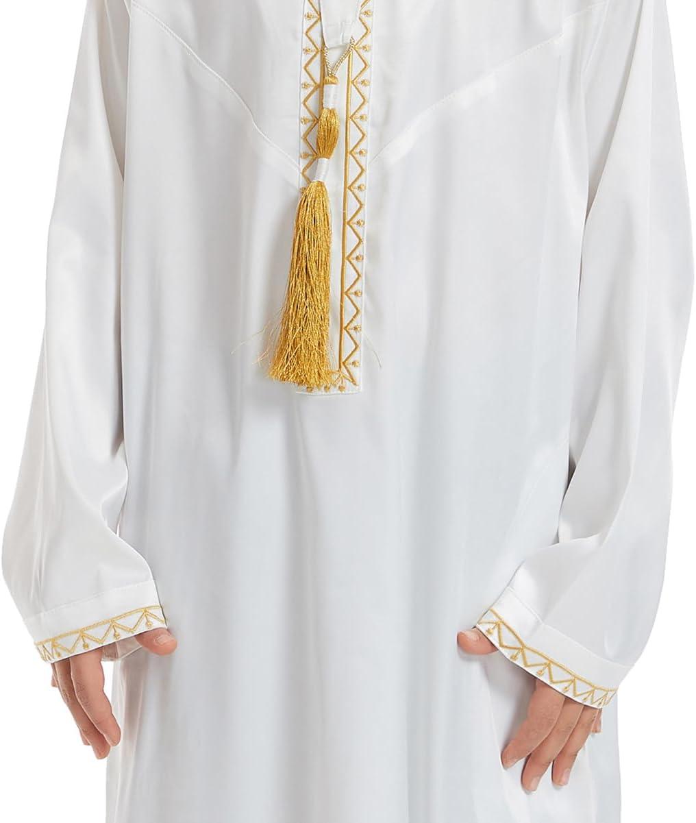 imageIDOPIP Muslim Arabic Thobe for Boys Kids Long Sleeve Islamic Arabic Kaftan Robe Embroidered Abaya Dress Clothes with PocketsWhite