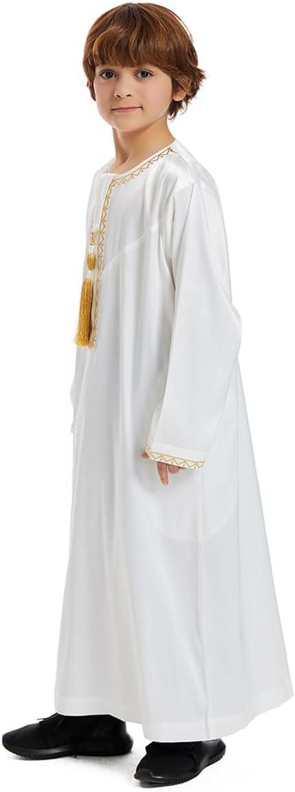 imageIDOPIP Muslim Arabic Thobe for Boys Kids Long Sleeve Islamic Arabic Kaftan Robe Embroidered Abaya Dress Clothes with PocketsWhite