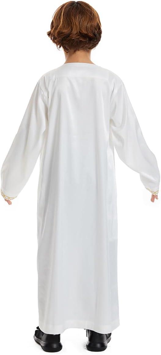 imageIDOPIP Muslim Arabic Thobe for Boys Kids Long Sleeve Islamic Arabic Kaftan Robe Embroidered Abaya Dress Clothes with PocketsWhite