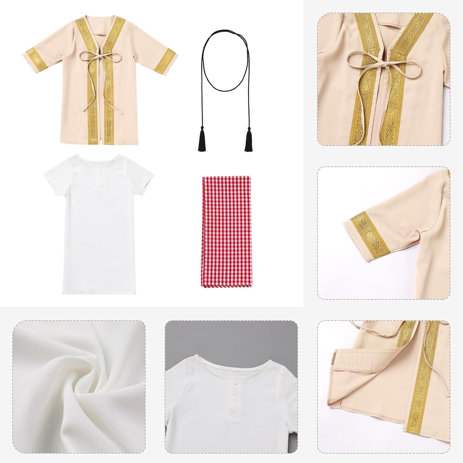 imageIDOPIP Muslim Baby Boys Ramadan Eid Outfit Cardigan Kaftan Thobe Arabic Islamic Abaya Dubai Robe Clothes with Head ScarfRopeBeige