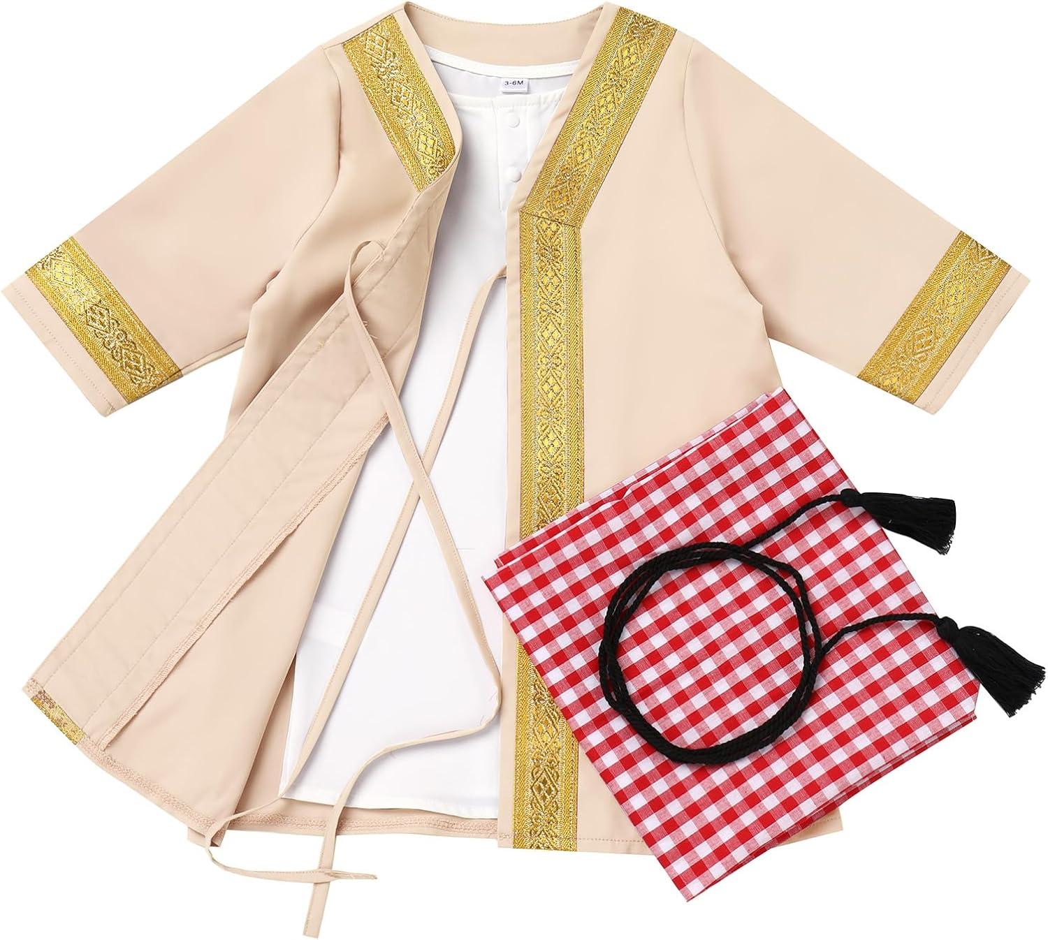 imageIDOPIP Muslim Baby Boys Ramadan Eid Outfit Cardigan Kaftan Thobe Arabic Islamic Abaya Dubai Robe Clothes with Head ScarfRopeBeige