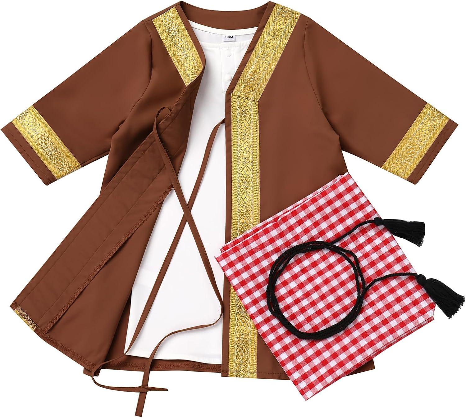 imageIDOPIP Muslim Baby Boys Ramadan Eid Outfit Cardigan Kaftan Thobe Arabic Islamic Abaya Dubai Robe Clothes with Head ScarfRopeCoffee