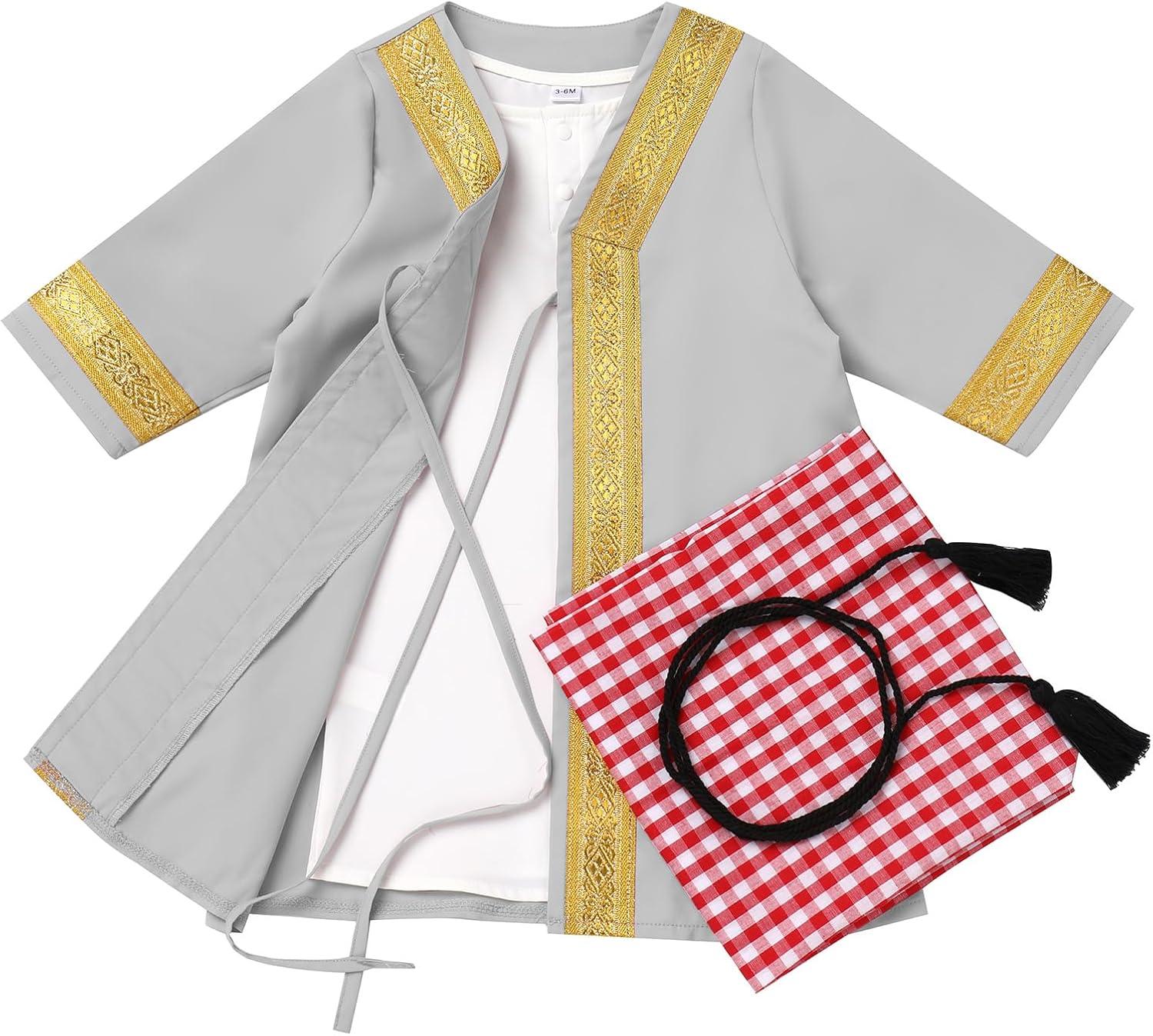 imageIDOPIP Muslim Baby Boys Ramadan Eid Outfit Cardigan Kaftan Thobe Arabic Islamic Abaya Dubai Robe Clothes with Head ScarfRopeGray
