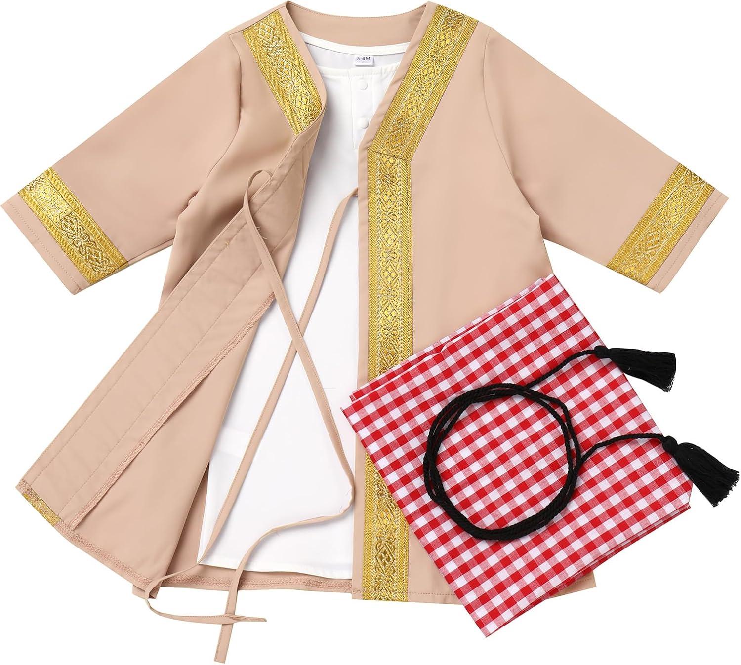 imageIDOPIP Muslim Baby Boys Ramadan Eid Outfit Cardigan Kaftan Thobe Arabic Islamic Abaya Dubai Robe Clothes with Head ScarfRopeKhaki