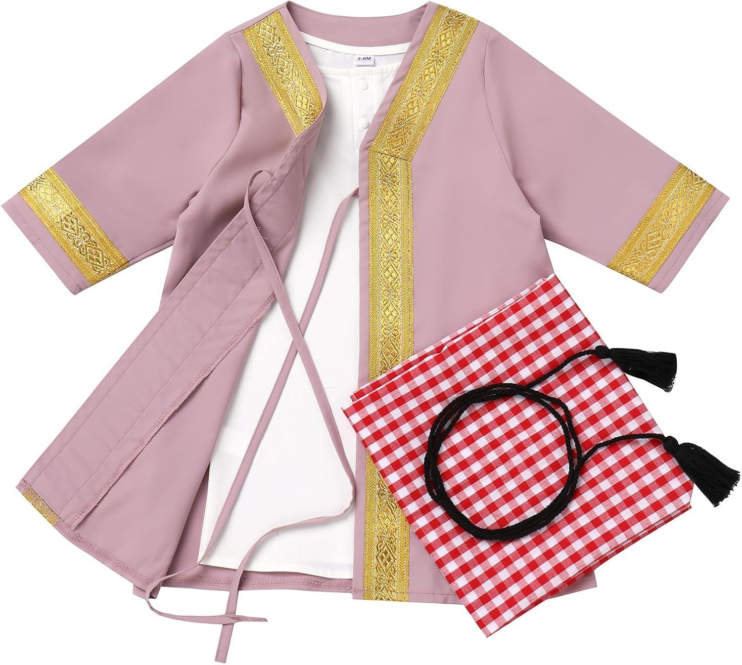 imageIDOPIP Muslim Baby Boys Ramadan Eid Outfit Cardigan Kaftan Thobe Arabic Islamic Abaya Dubai Robe Clothes with Head ScarfRopePurple