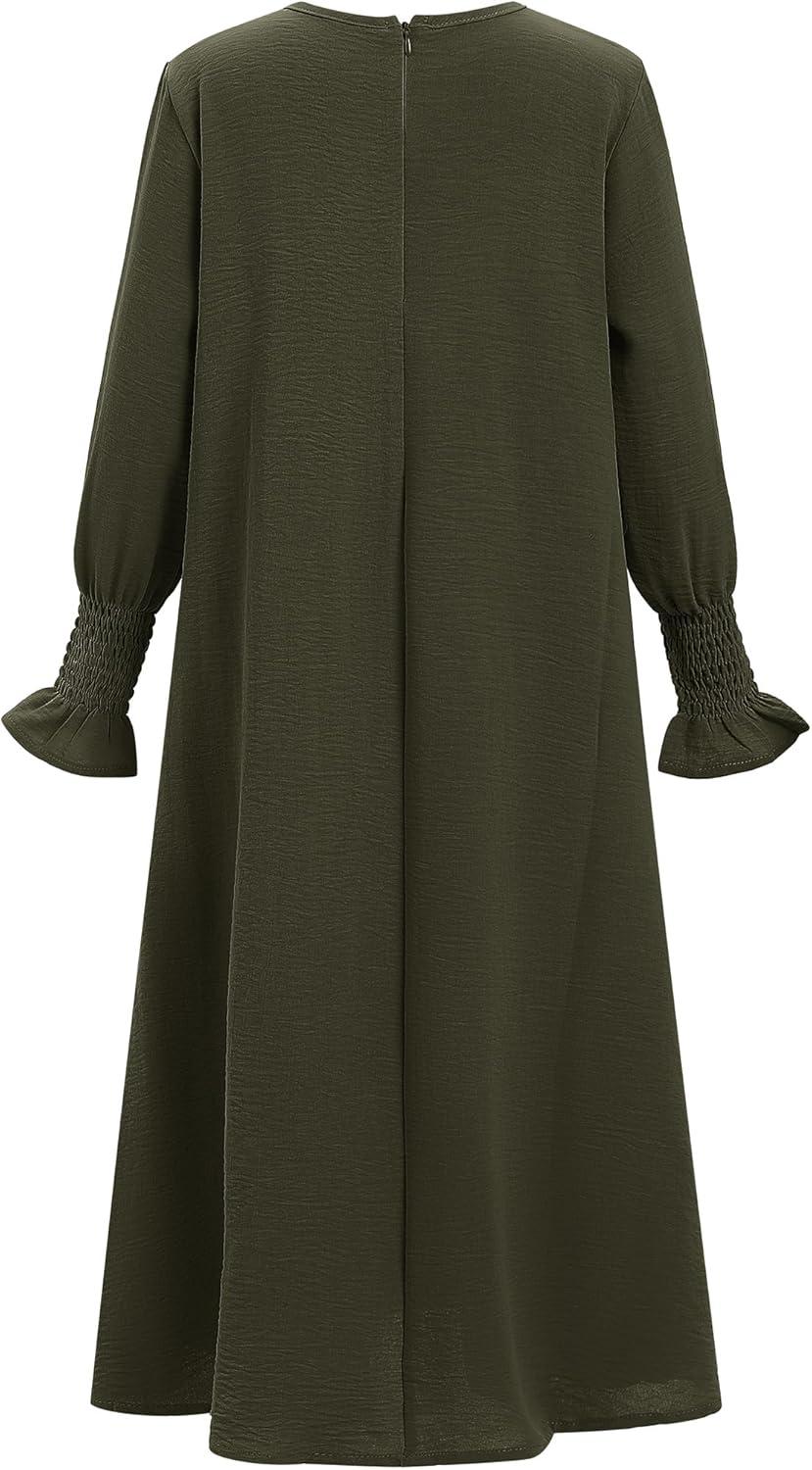 imageIDOPIP Muslim Dress for Girls Islamic Prayer Abaya Smocked Long Sleeve Kaftan Robe Dresses with Hijab Ramadan Dubai OutfitsArmy Green