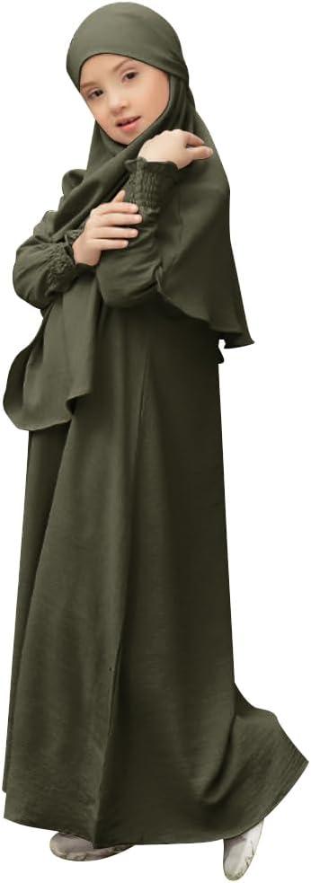 imageIDOPIP Muslim Dress for Girls Islamic Prayer Abaya Smocked Long Sleeve Kaftan Robe Dresses with Hijab Ramadan Dubai OutfitsArmy Green