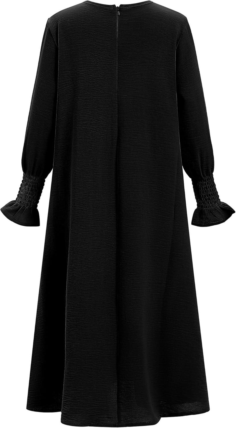 imageIDOPIP Muslim Dress for Girls Islamic Prayer Abaya Smocked Long Sleeve Kaftan Robe Dresses with Hijab Ramadan Dubai OutfitsBlack