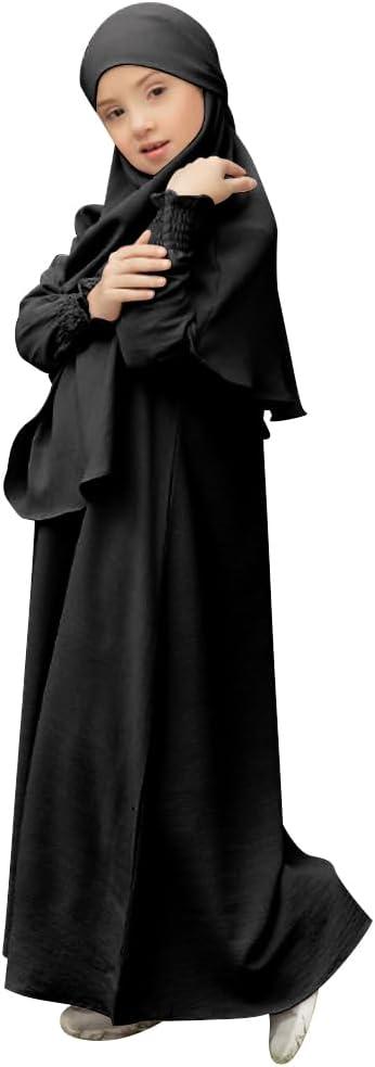 imageIDOPIP Muslim Dress for Girls Islamic Prayer Abaya Smocked Long Sleeve Kaftan Robe Dresses with Hijab Ramadan Dubai OutfitsBlack