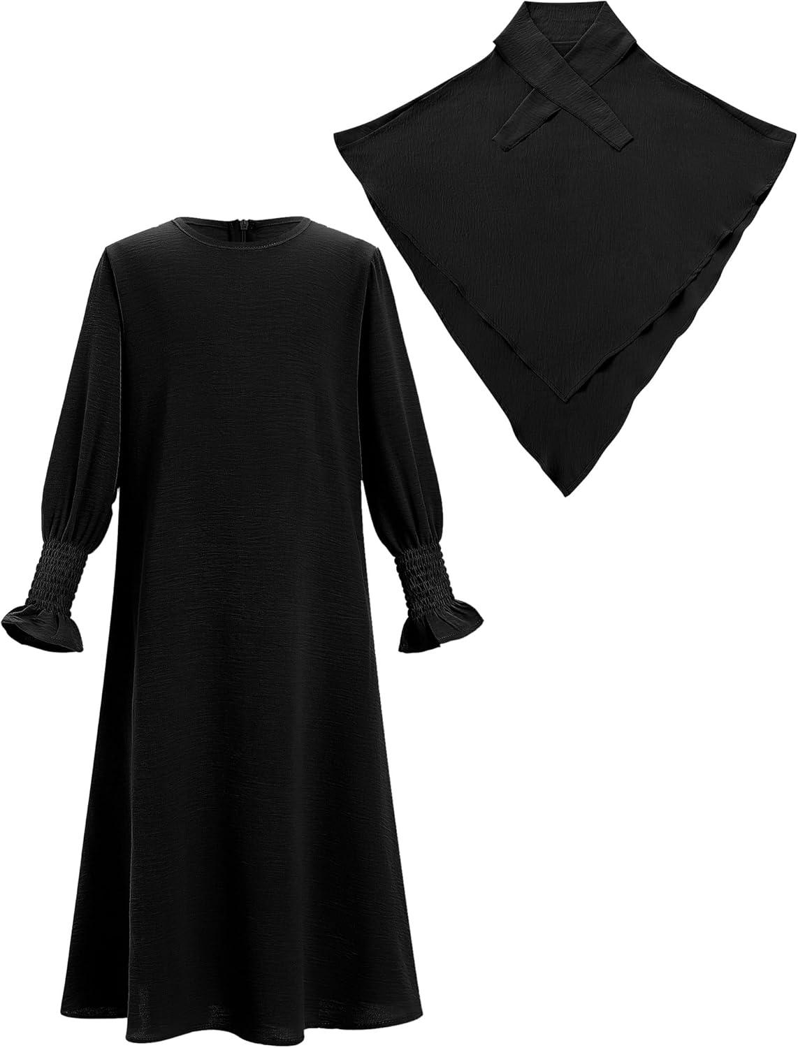 imageIDOPIP Muslim Dress for Girls Islamic Prayer Abaya Smocked Long Sleeve Kaftan Robe Dresses with Hijab Ramadan Dubai OutfitsBlack