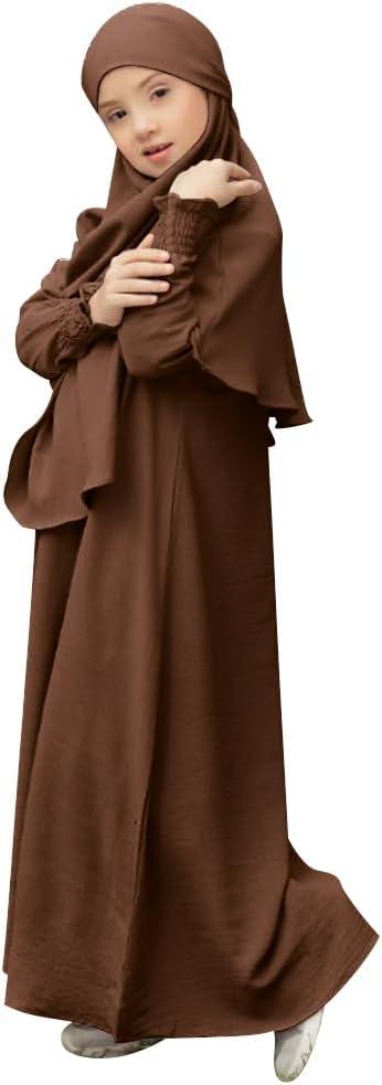imageIDOPIP Muslim Dress for Girls Islamic Prayer Abaya Smocked Long Sleeve Kaftan Robe Dresses with Hijab Ramadan Dubai OutfitsCoffee