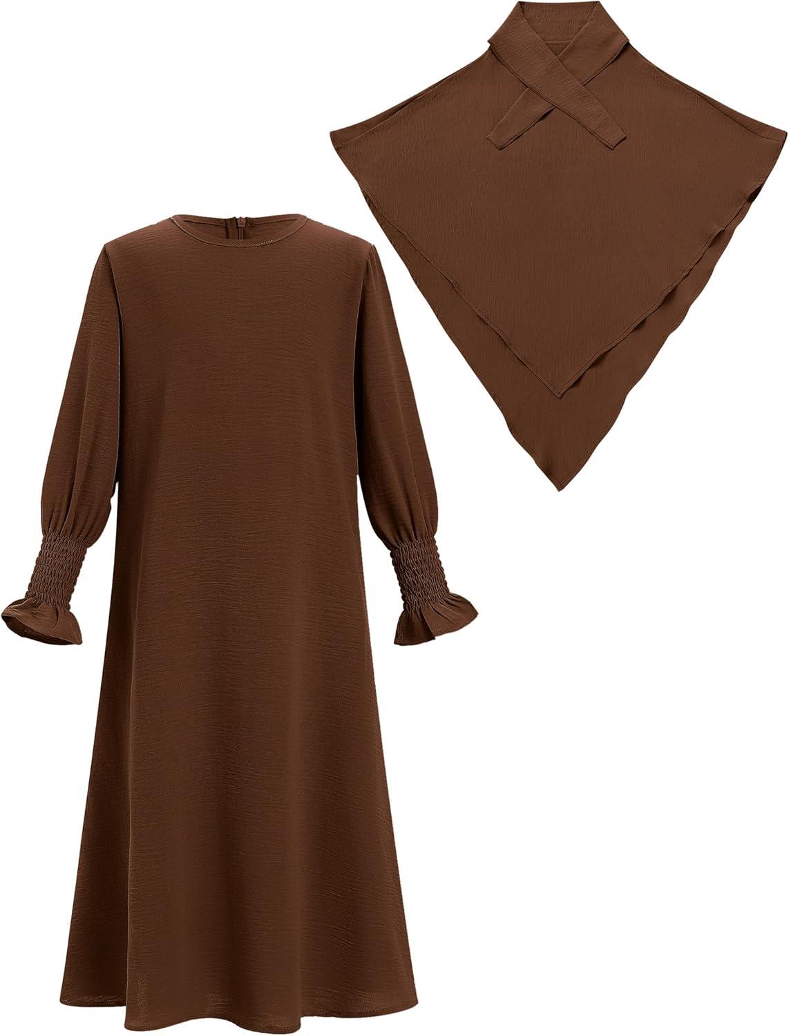 imageIDOPIP Muslim Dress for Girls Islamic Prayer Abaya Smocked Long Sleeve Kaftan Robe Dresses with Hijab Ramadan Dubai OutfitsCoffee