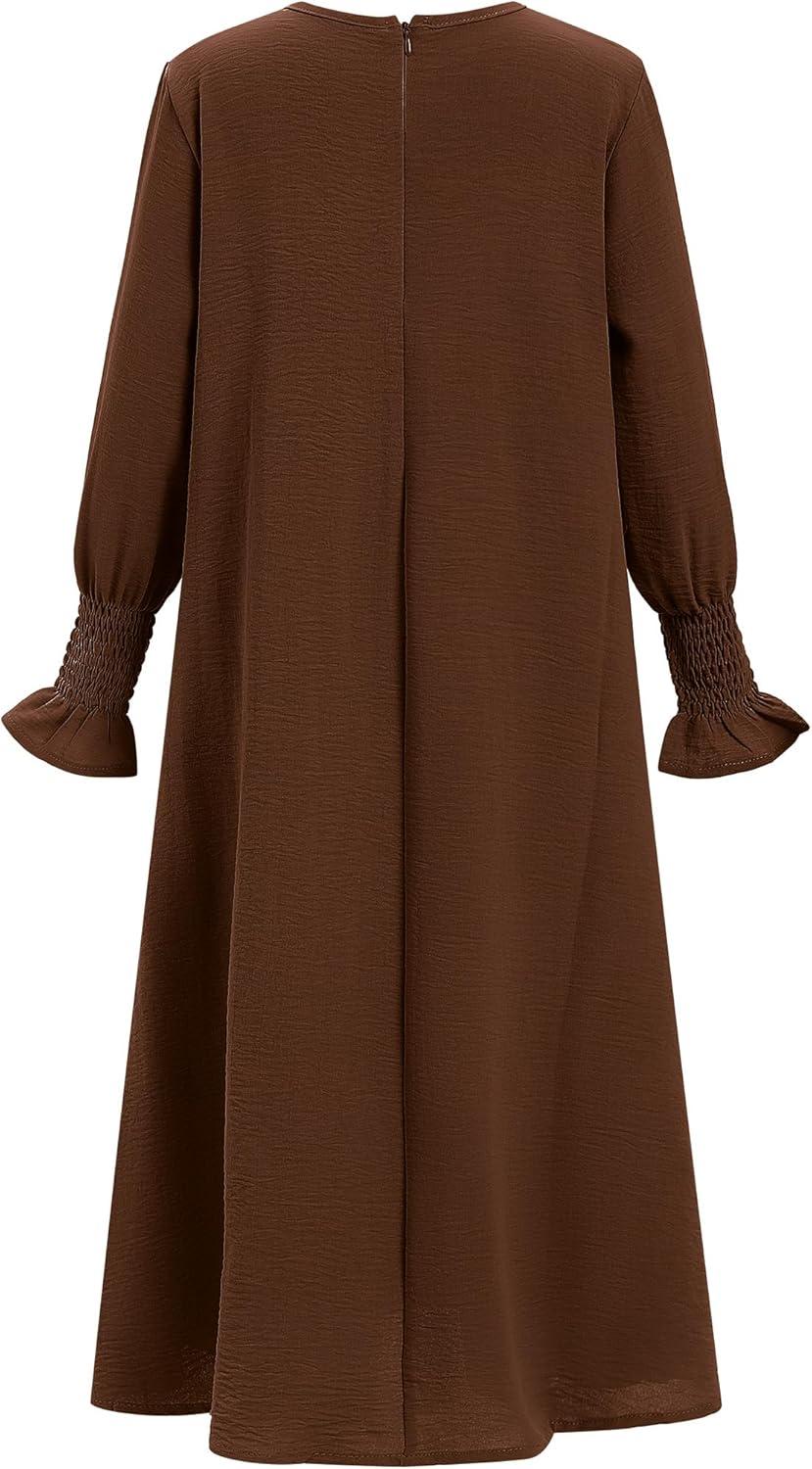 imageIDOPIP Muslim Dress for Girls Islamic Prayer Abaya Smocked Long Sleeve Kaftan Robe Dresses with Hijab Ramadan Dubai OutfitsCoffee