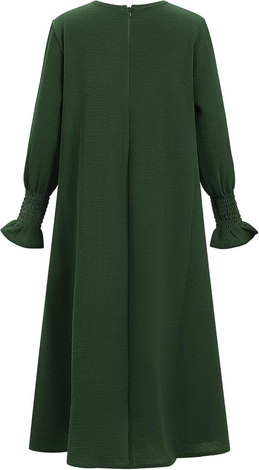 imageIDOPIP Muslim Dress for Girls Islamic Prayer Abaya Smocked Long Sleeve Kaftan Robe Dresses with Hijab Ramadan Dubai OutfitsDark Green
