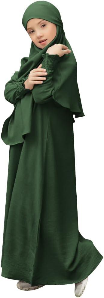 imageIDOPIP Muslim Dress for Girls Islamic Prayer Abaya Smocked Long Sleeve Kaftan Robe Dresses with Hijab Ramadan Dubai OutfitsDark Green