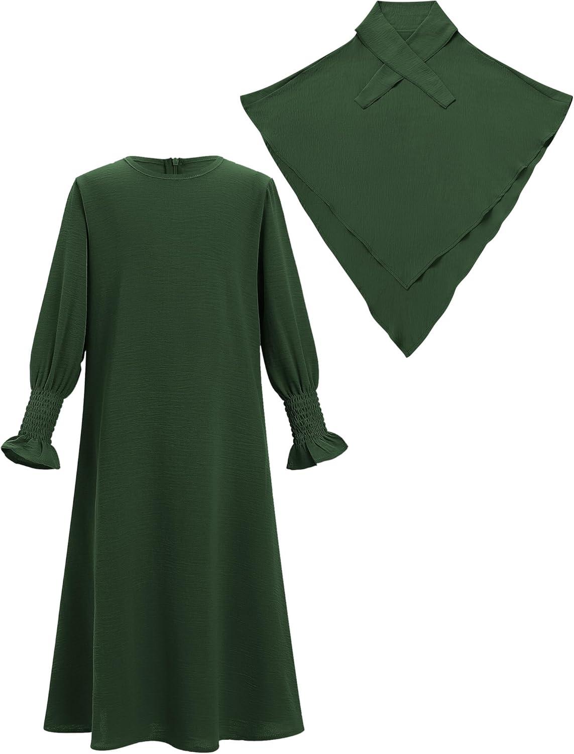 imageIDOPIP Muslim Dress for Girls Islamic Prayer Abaya Smocked Long Sleeve Kaftan Robe Dresses with Hijab Ramadan Dubai OutfitsDark Green
