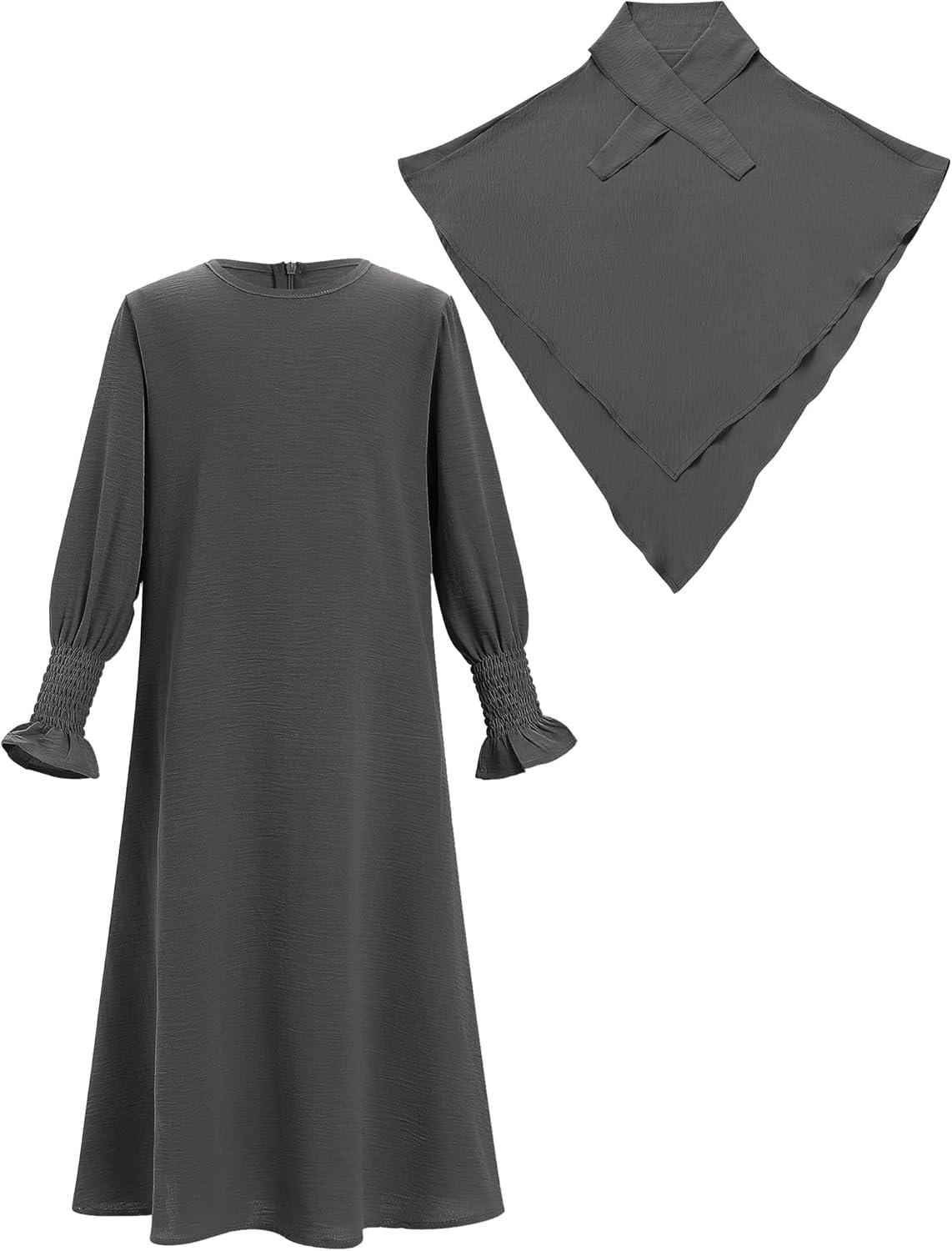 imageIDOPIP Muslim Dress for Girls Islamic Prayer Abaya Smocked Long Sleeve Kaftan Robe Dresses with Hijab Ramadan Dubai OutfitsGray