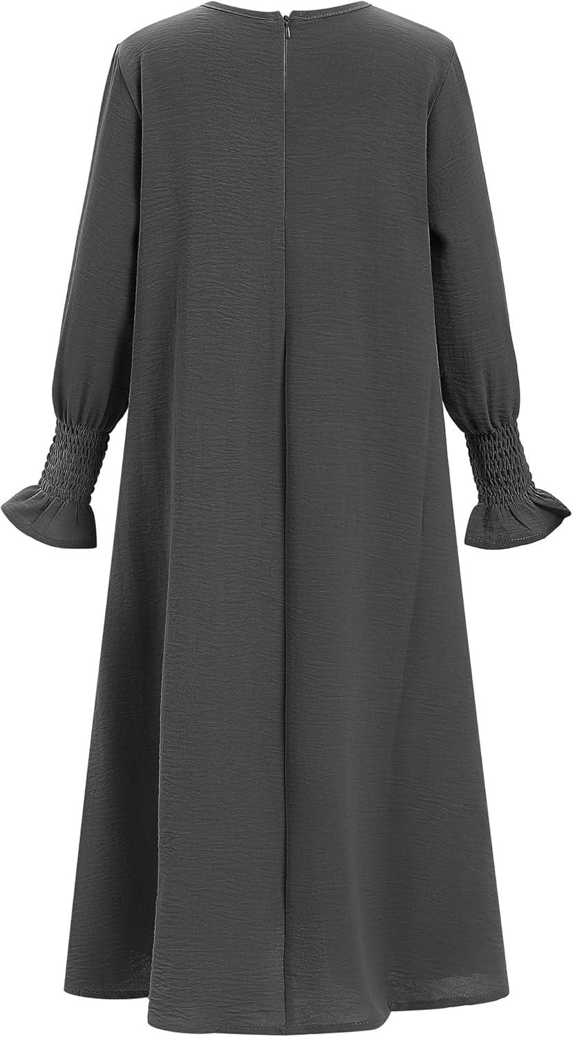 imageIDOPIP Muslim Dress for Girls Islamic Prayer Abaya Smocked Long Sleeve Kaftan Robe Dresses with Hijab Ramadan Dubai OutfitsGray