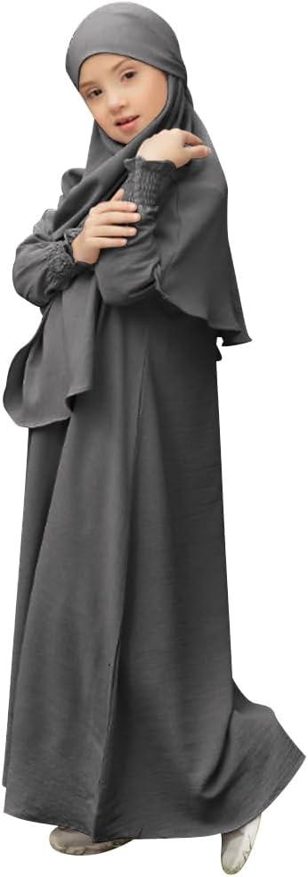 imageIDOPIP Muslim Dress for Girls Islamic Prayer Abaya Smocked Long Sleeve Kaftan Robe Dresses with Hijab Ramadan Dubai OutfitsGray