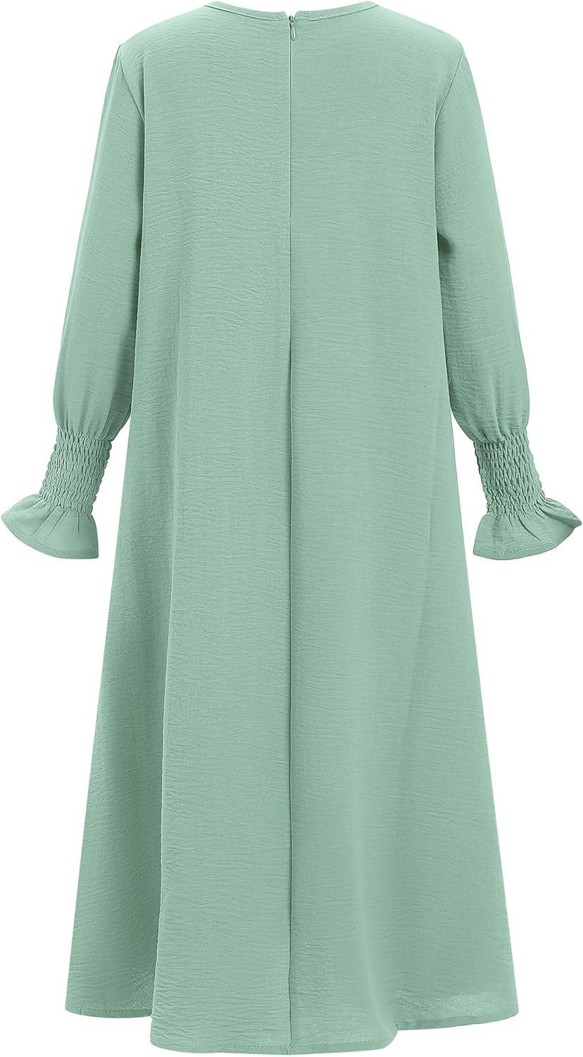 imageIDOPIP Muslim Dress for Girls Islamic Prayer Abaya Smocked Long Sleeve Kaftan Robe Dresses with Hijab Ramadan Dubai OutfitsGreen