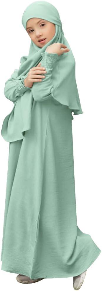 imageIDOPIP Muslim Dress for Girls Islamic Prayer Abaya Smocked Long Sleeve Kaftan Robe Dresses with Hijab Ramadan Dubai OutfitsGreen