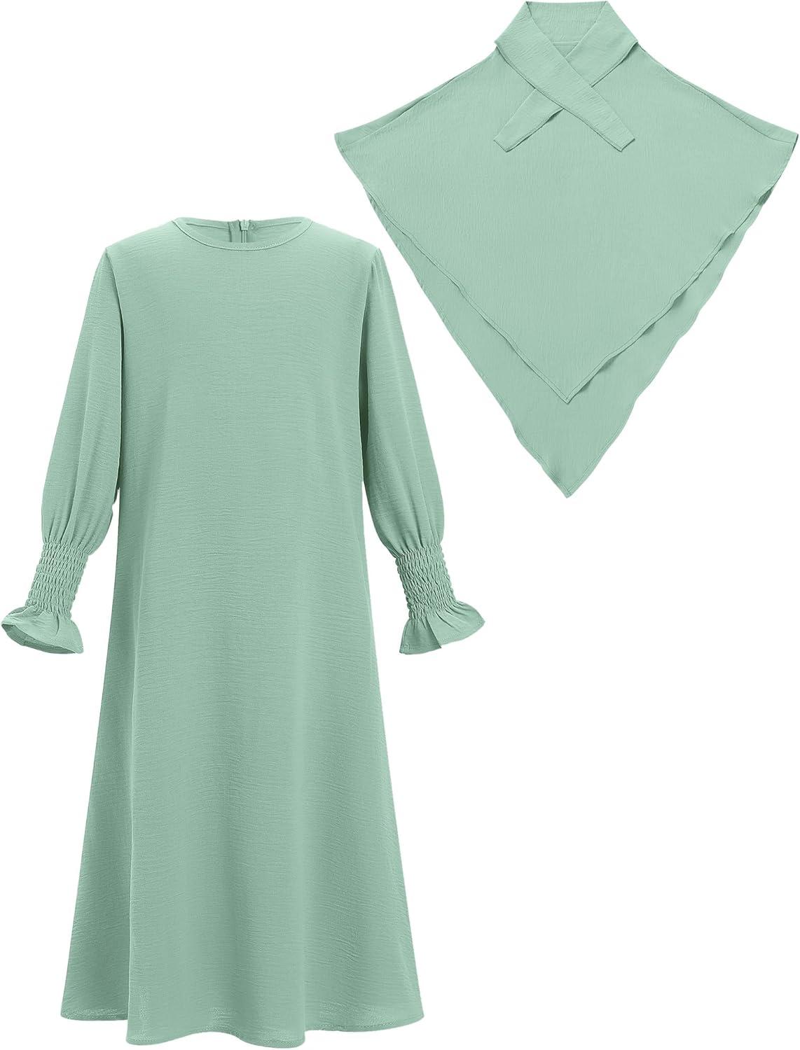 imageIDOPIP Muslim Dress for Girls Islamic Prayer Abaya Smocked Long Sleeve Kaftan Robe Dresses with Hijab Ramadan Dubai OutfitsGreen