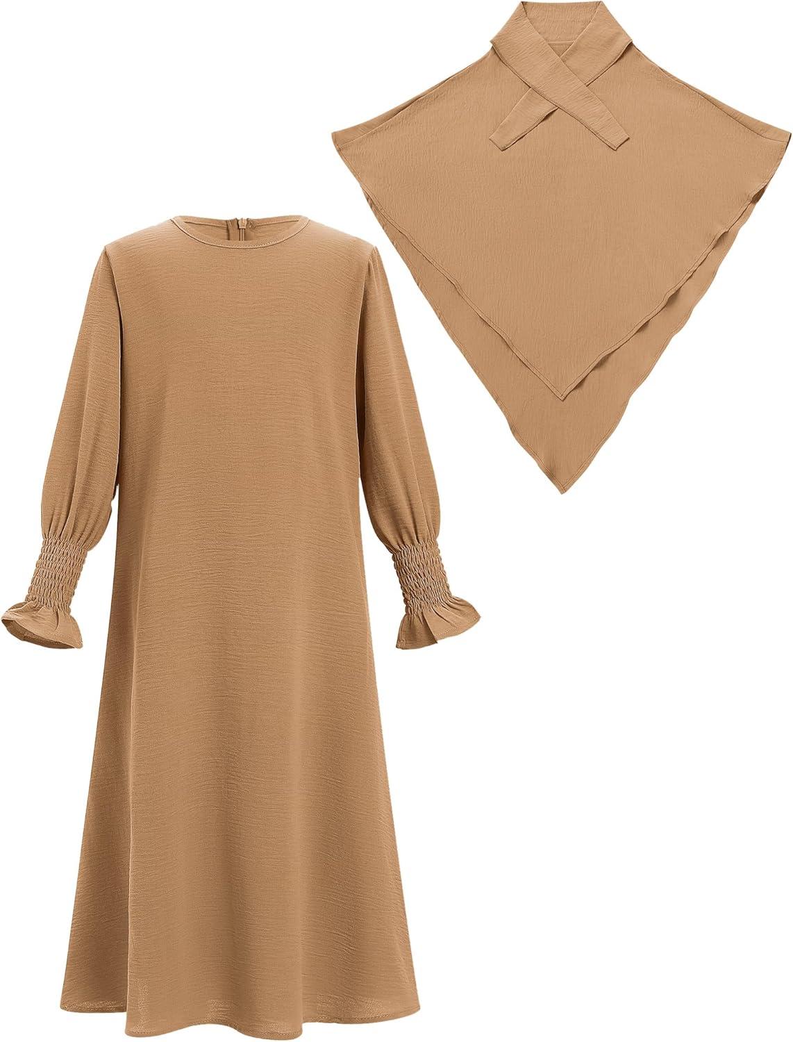imageIDOPIP Muslim Dress for Girls Islamic Prayer Abaya Smocked Long Sleeve Kaftan Robe Dresses with Hijab Ramadan Dubai OutfitsKhaki