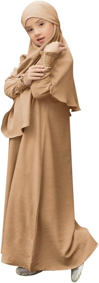 imageIDOPIP Muslim Dress for Girls Islamic Prayer Abaya Smocked Long Sleeve Kaftan Robe Dresses with Hijab Ramadan Dubai OutfitsKhaki