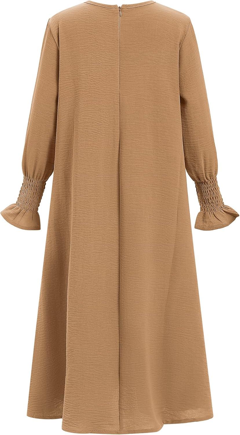 imageIDOPIP Muslim Dress for Girls Islamic Prayer Abaya Smocked Long Sleeve Kaftan Robe Dresses with Hijab Ramadan Dubai OutfitsKhaki