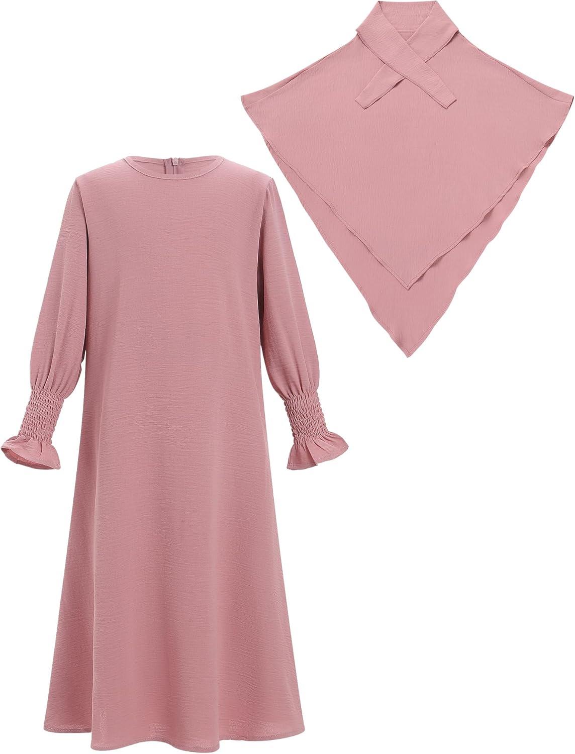 imageIDOPIP Muslim Dress for Girls Islamic Prayer Abaya Smocked Long Sleeve Kaftan Robe Dresses with Hijab Ramadan Dubai OutfitsPink