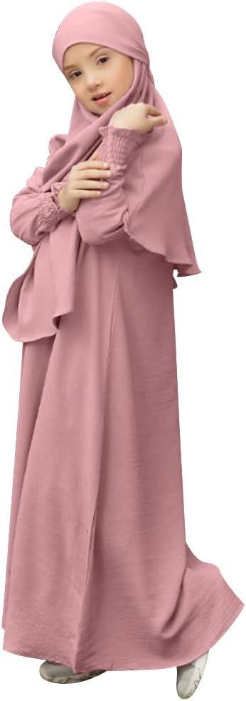imageIDOPIP Muslim Dress for Girls Islamic Prayer Abaya Smocked Long Sleeve Kaftan Robe Dresses with Hijab Ramadan Dubai OutfitsPink