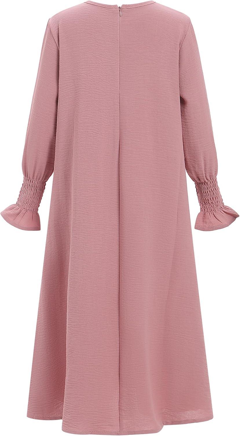imageIDOPIP Muslim Dress for Girls Islamic Prayer Abaya Smocked Long Sleeve Kaftan Robe Dresses with Hijab Ramadan Dubai OutfitsPink