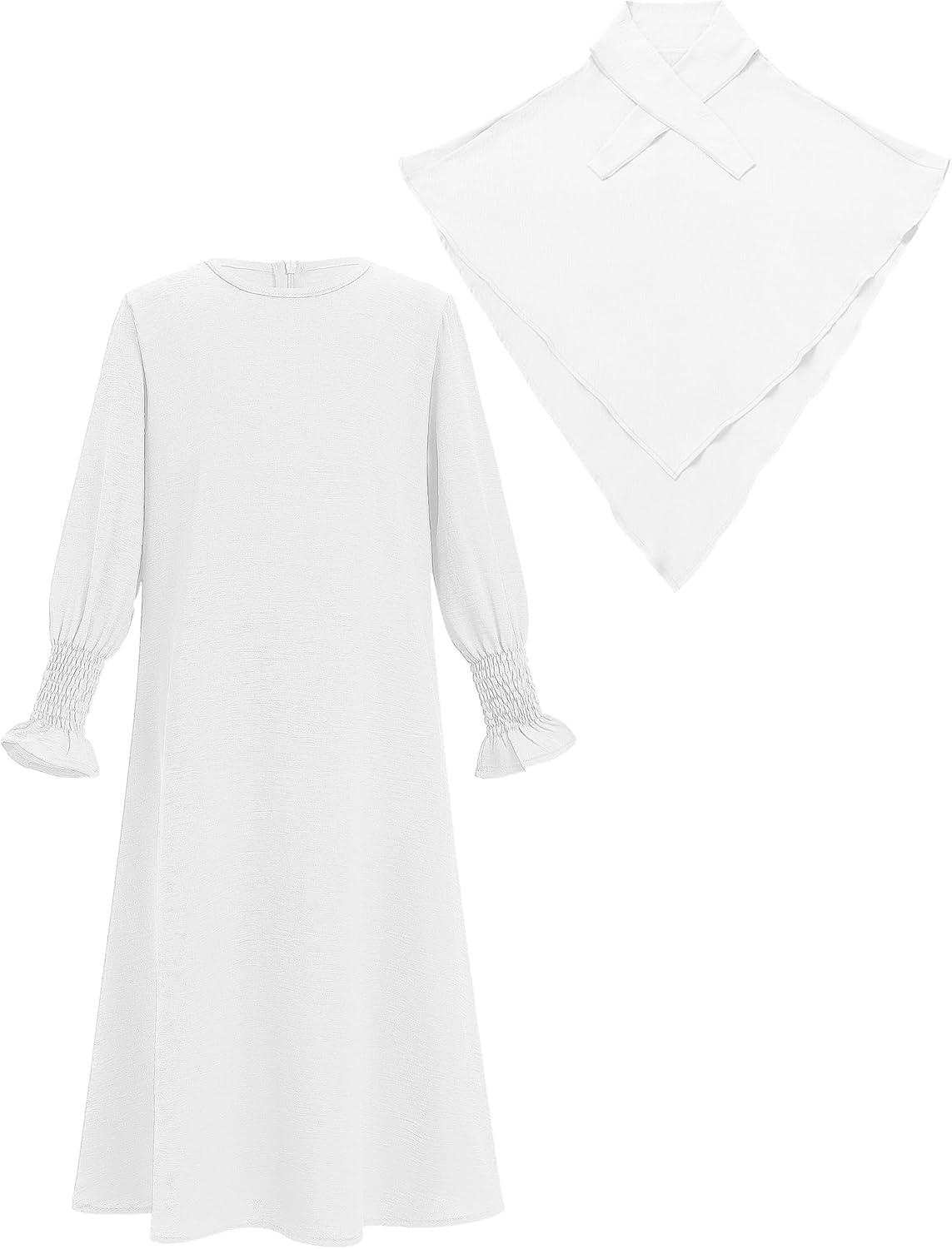 imageIDOPIP Muslim Dress for Girls Islamic Prayer Abaya Smocked Long Sleeve Kaftan Robe Dresses with Hijab Ramadan Dubai OutfitsWhite