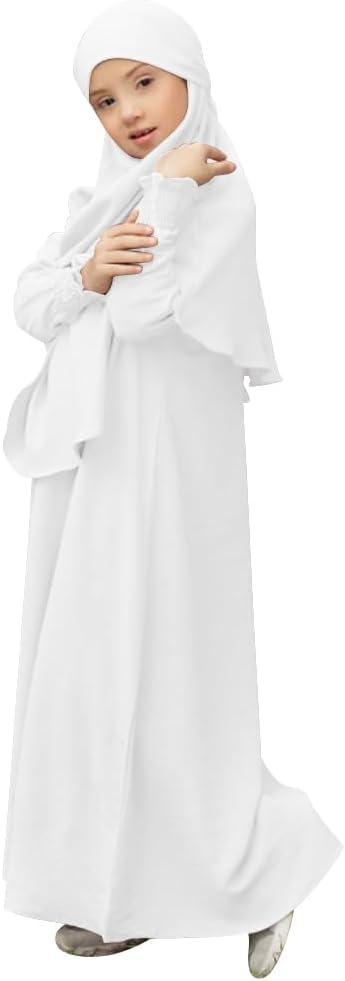 imageIDOPIP Muslim Dress for Girls Islamic Prayer Abaya Smocked Long Sleeve Kaftan Robe Dresses with Hijab Ramadan Dubai OutfitsWhite