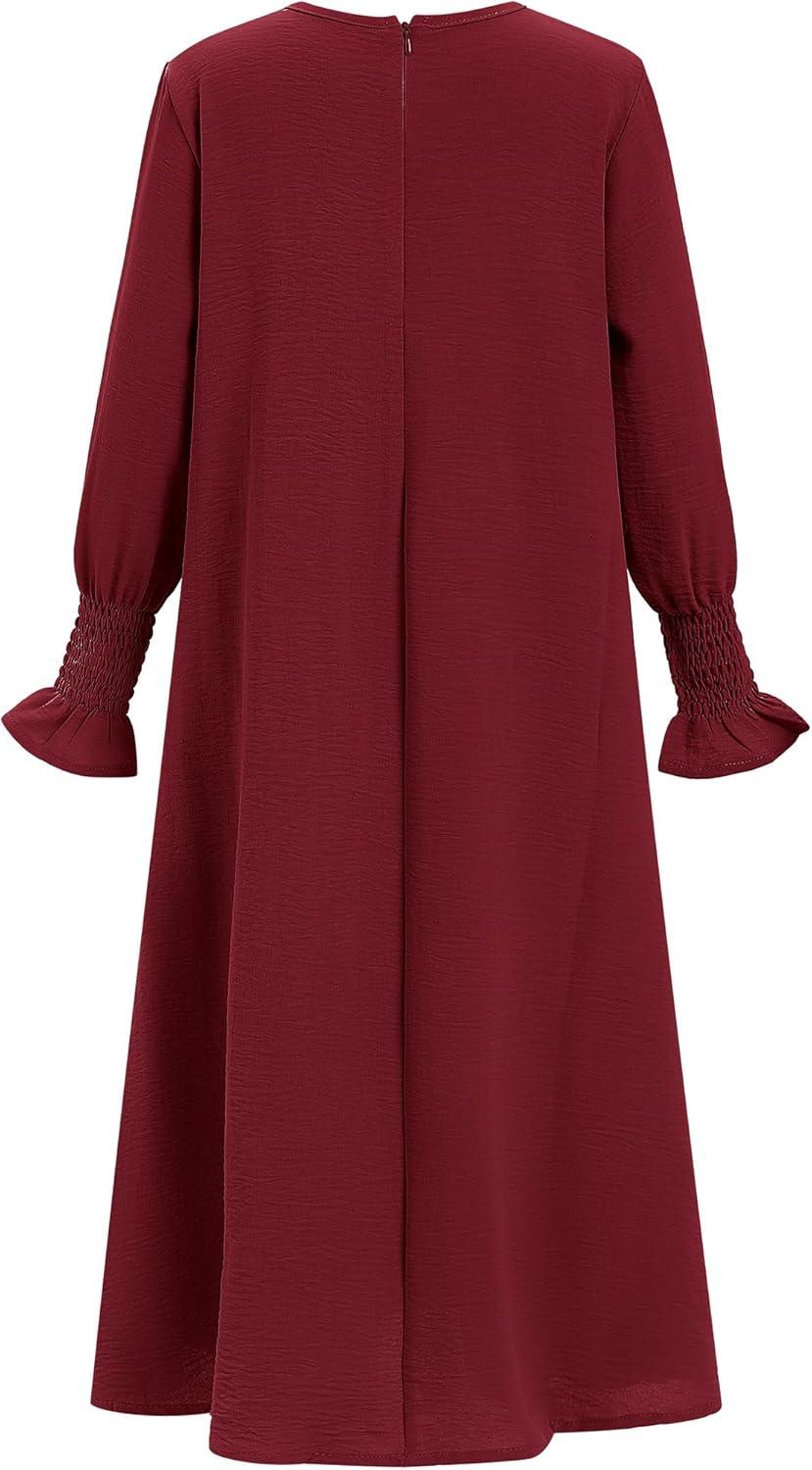 imageIDOPIP Muslim Dress for Girls Islamic Prayer Abaya Smocked Long Sleeve Kaftan Robe Dresses with Hijab Ramadan Dubai OutfitsWine Red