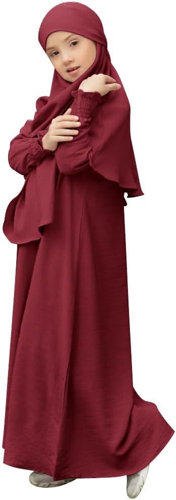 imageIDOPIP Muslim Dress for Girls Islamic Prayer Abaya Smocked Long Sleeve Kaftan Robe Dresses with Hijab Ramadan Dubai OutfitsWine Red