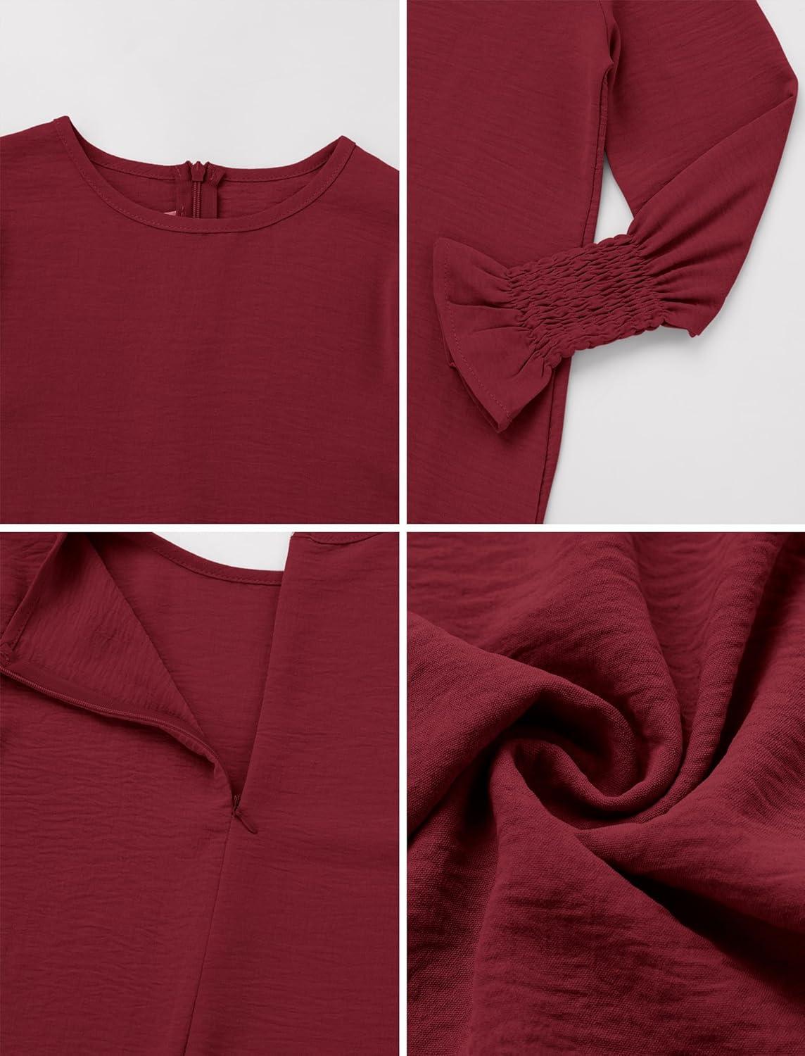 imageIDOPIP Muslim Dress for Girls Islamic Prayer Abaya Smocked Long Sleeve Kaftan Robe Dresses with Hijab Ramadan Dubai OutfitsWine Red